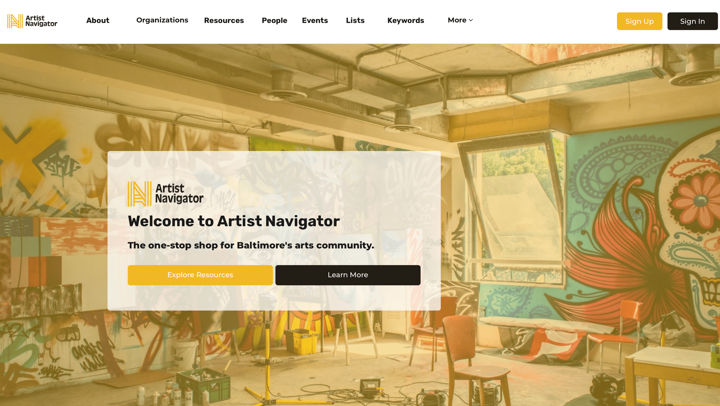 Screenshot of the landing page for Artist Navigator Platform