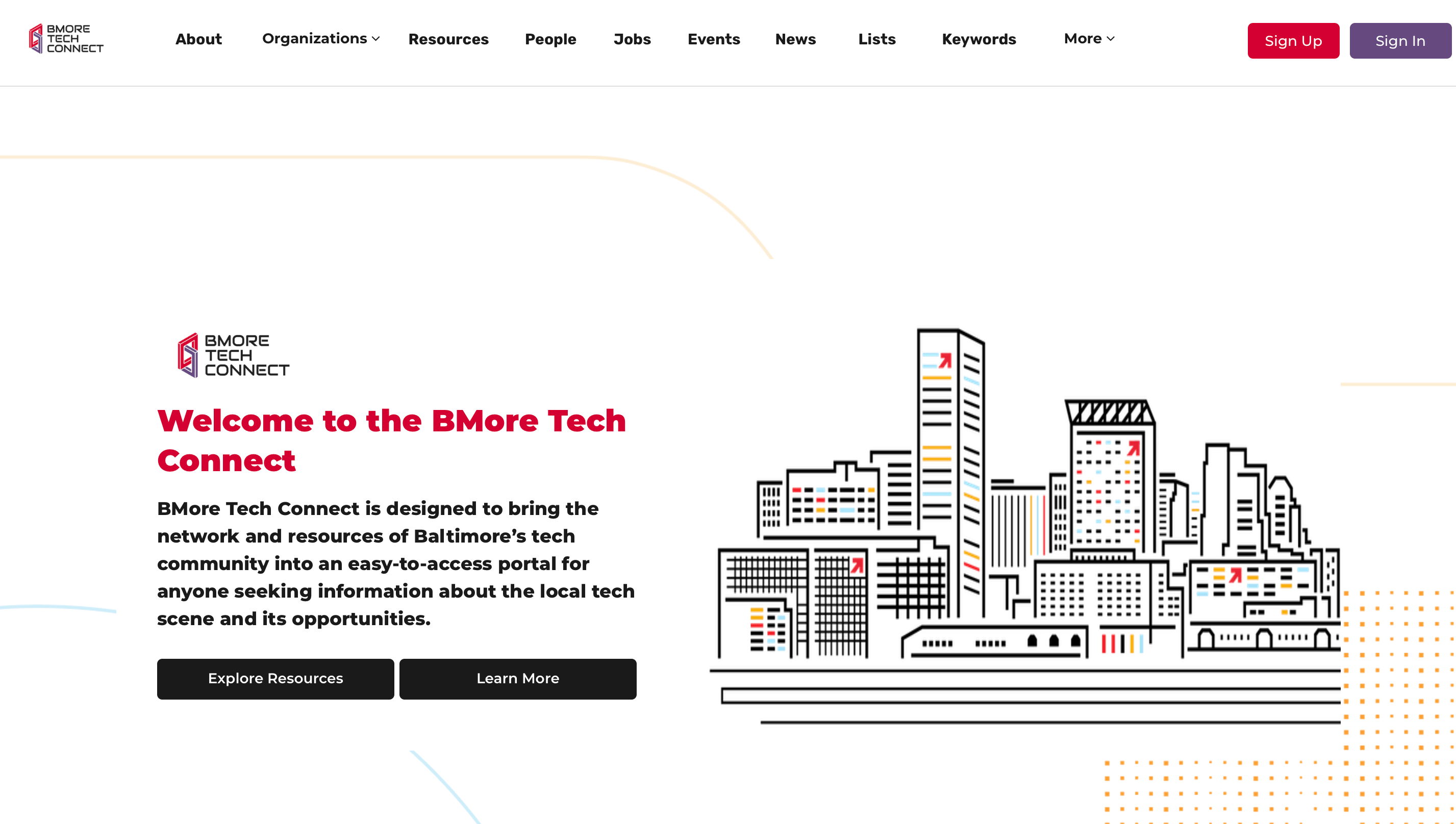 Screenshot of the landing page for Baltimore Tech Connect platform