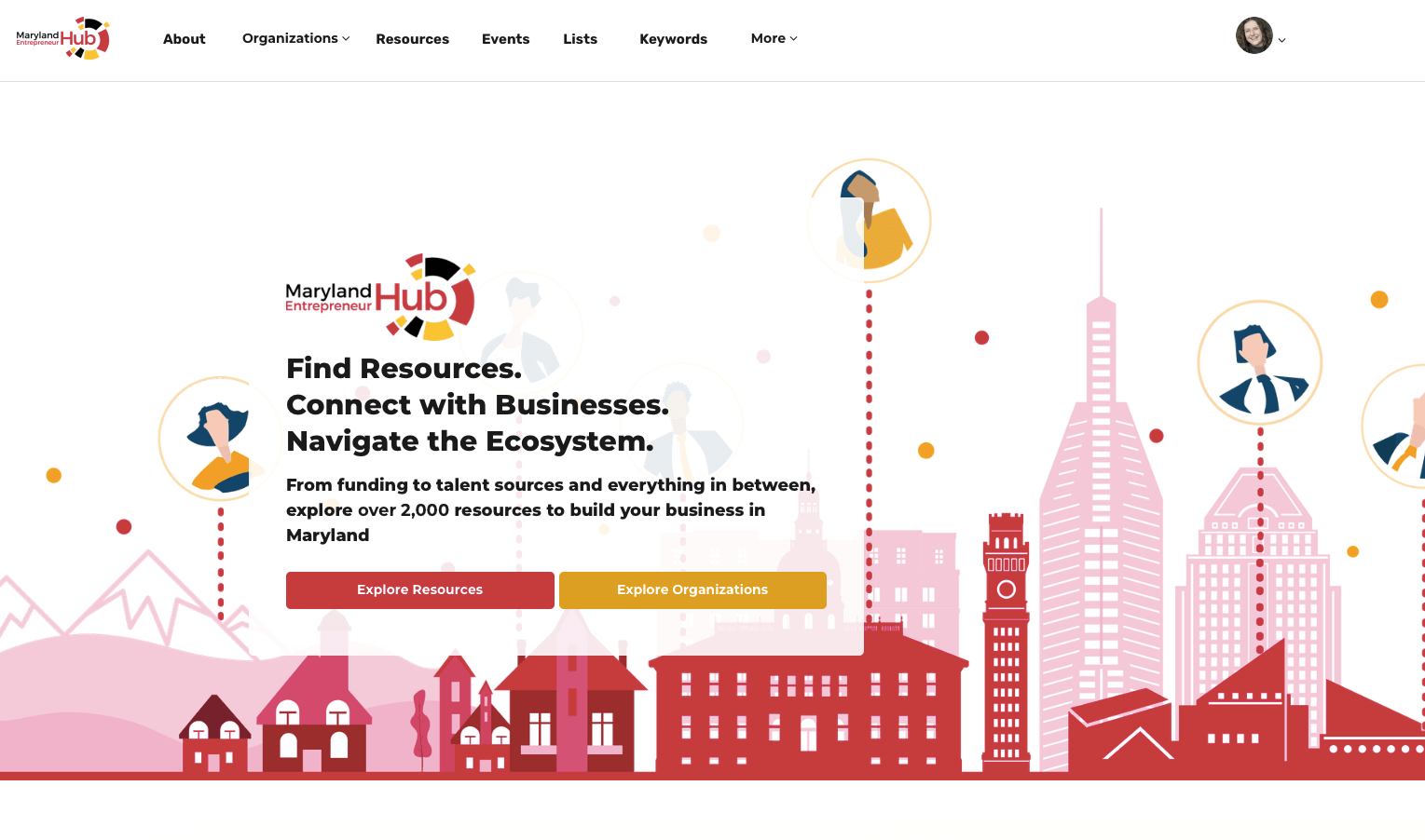 Screenshot of the landing page for Maryland Entreprenuer Hub Platform