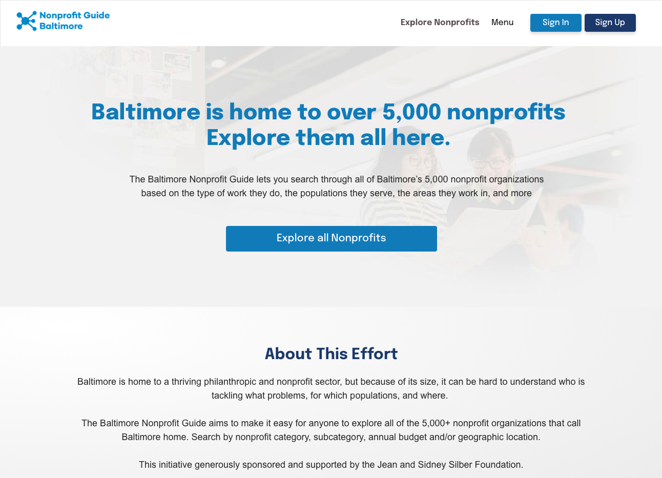 Screenshot of the landing page for Baltimore NonProfit Navigatorplatform