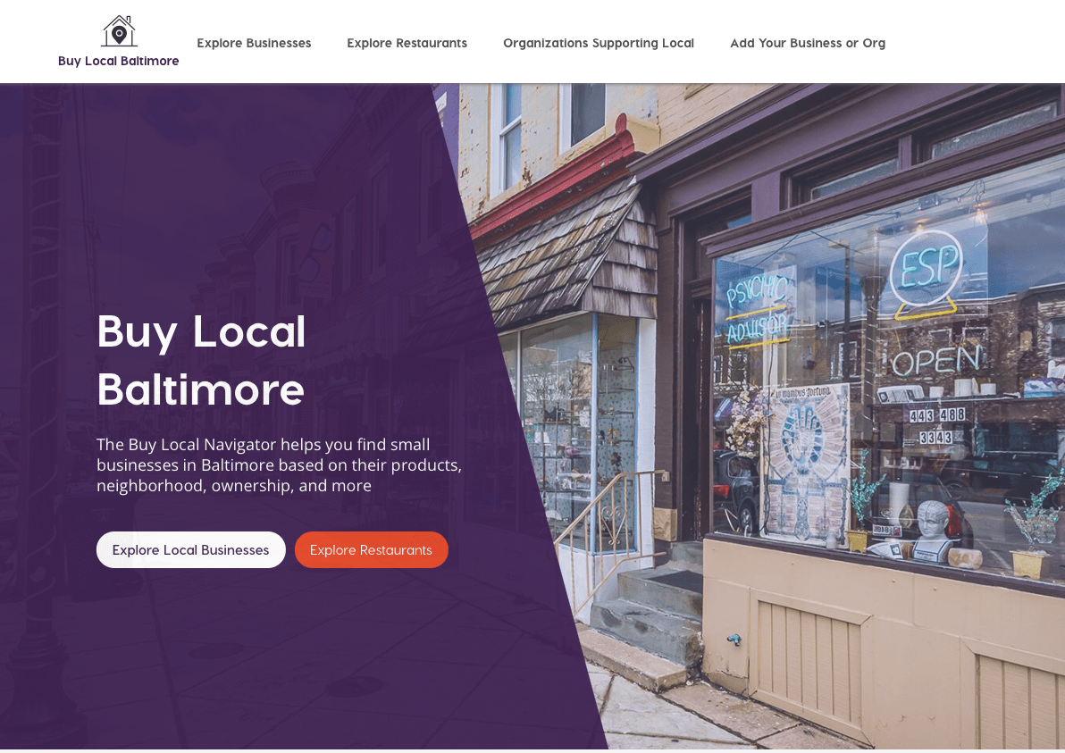 Screenshot of the landing page for the Buy Local Baltimore  platform